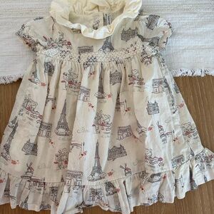 Janie & Jack Cream Paris Print Ruffle Dress with Smocked Yoke